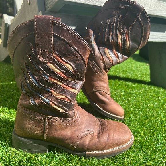 James Cody Kids Sz 3 Ripped Flag Western Leather Brown Cowboy Boots Square Toe - Picture 1 of 16